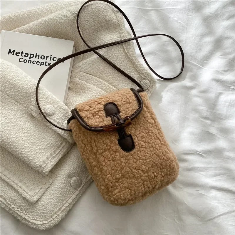 Lambswool Phone-bag Women Faux Fur Bags Tender Sweet Lovely Cross