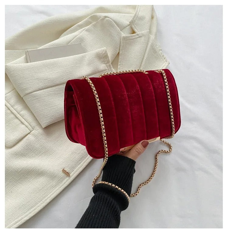Neon Red Flap Chain Square Bag Velor Leather Fashionable Dating