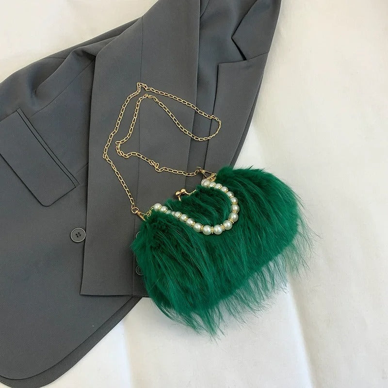 Furry Crossbody Bag with Pearl Handle Fashion Chain Plush Shoulder Bags