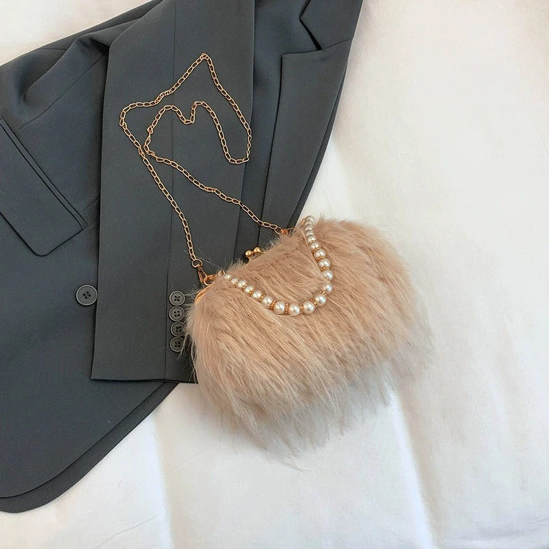 Furry Crossbody Bag with Pearl Handle Fashion Chain Plush Shoulder Bags