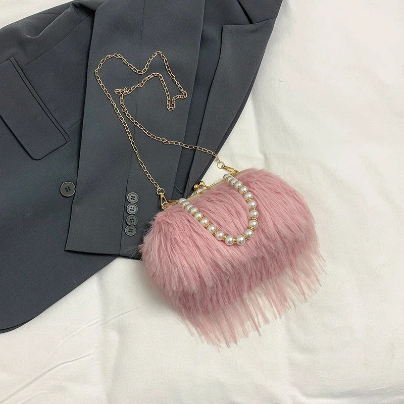Furry Crossbody Bag with Pearl Handle Fashion Chain Plush Shoulder Bags