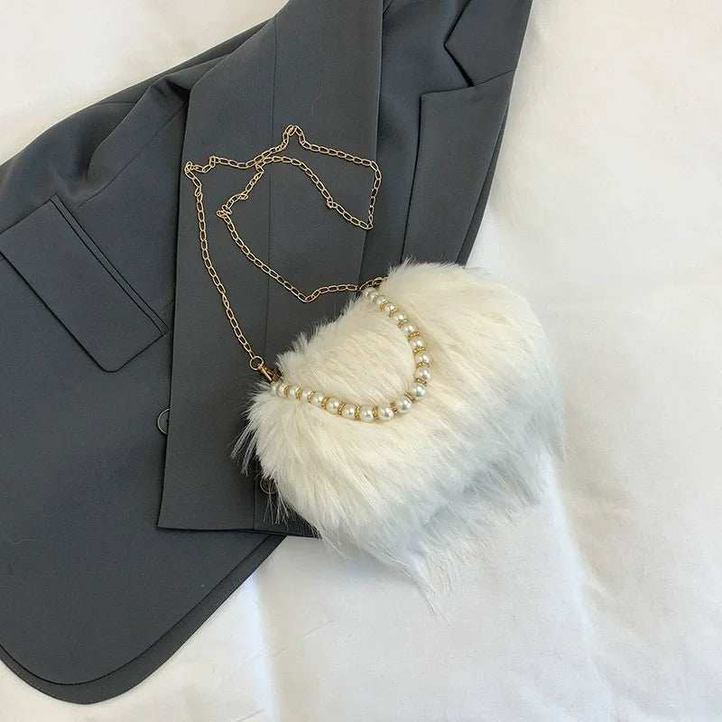 Furry Crossbody Bag with Pearl Handle Fashion Chain Plush Shoulder Bags