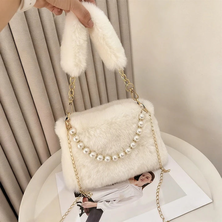 Fashionable Pearl Rabbit Fur Handbag Women's Crossbody Bag Chain