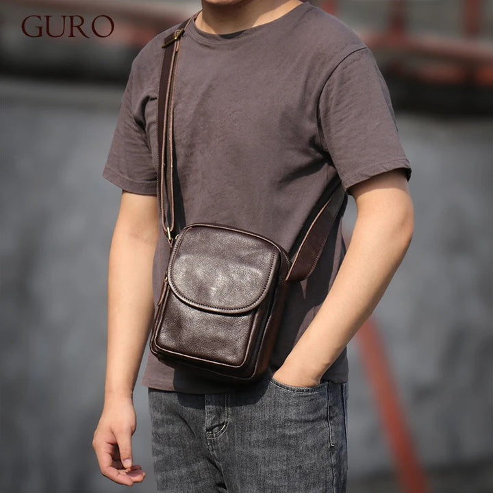 GURO High Quality Head Layer Cowhide Shoulder Bag Men's Genuine Leather Small