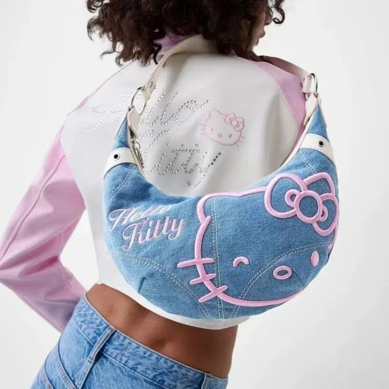Kawaii Hello Kitty Denim Embroidered Armpit Bag Fashion Crossbody Bag