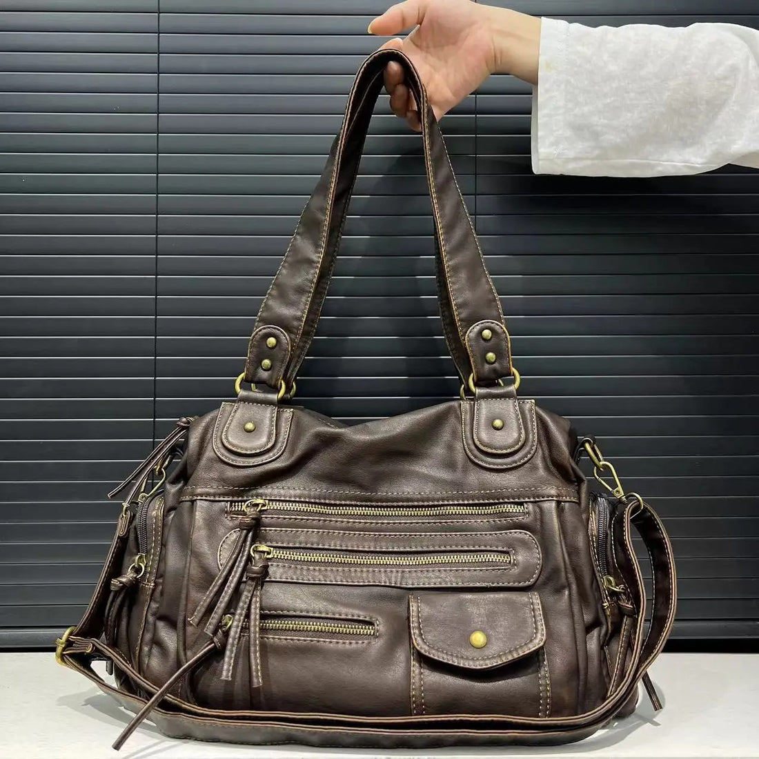 Single Shoulder Crossbody Bag Vintage Washed Leather Motorcycle Bag