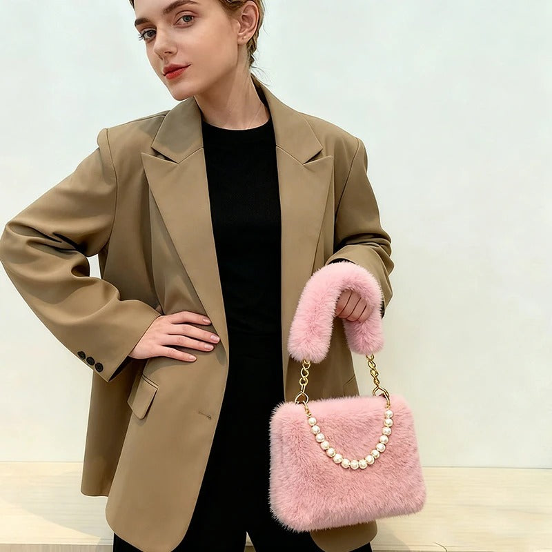 Fashionable Pearl Rabbit Fur Handbag Women's Crossbody Bag Chain