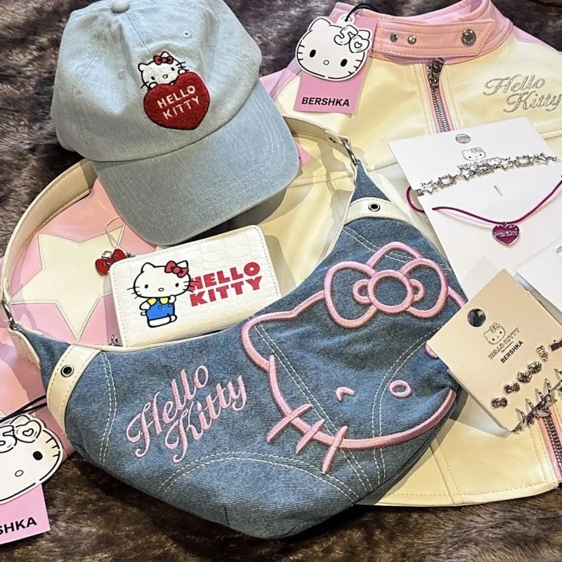 Kawaii Hello Kitty Denim Embroidered Armpit Bag Fashion Crossbody Bag