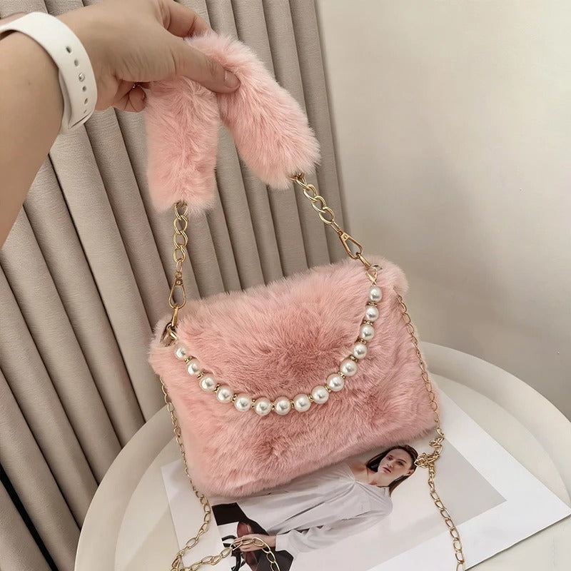 Fashionable Pearl Rabbit Fur Handbag Women's Crossbody Bag Chain