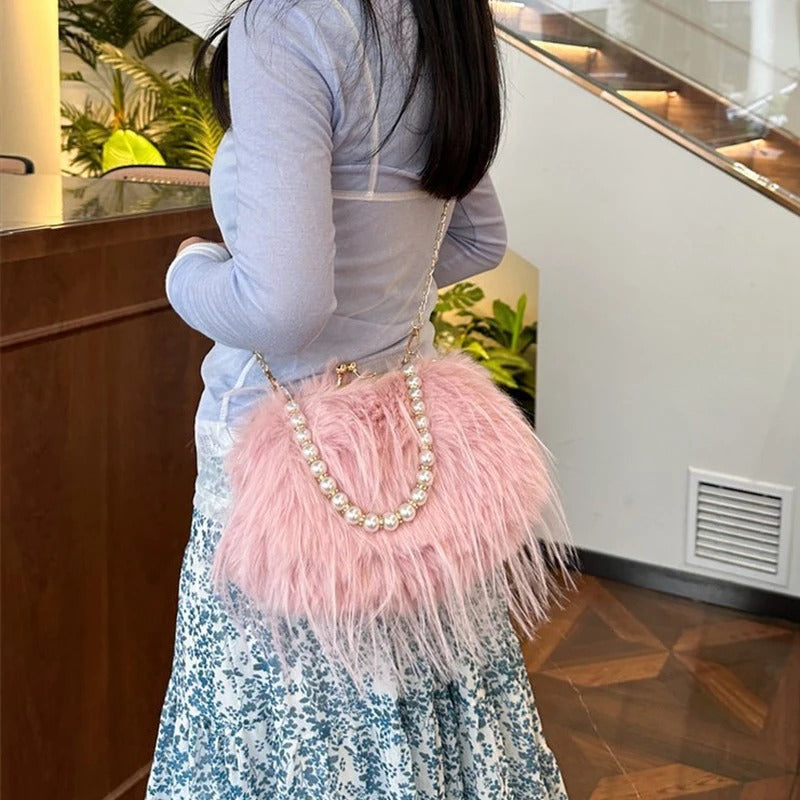 Furry Crossbody Bag with Pearl Handle Fashion Chain Plush Shoulder Bags