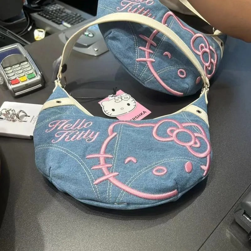Kawaii Hello Kitty Denim Embroidered Armpit Bag Fashion Crossbody Bag