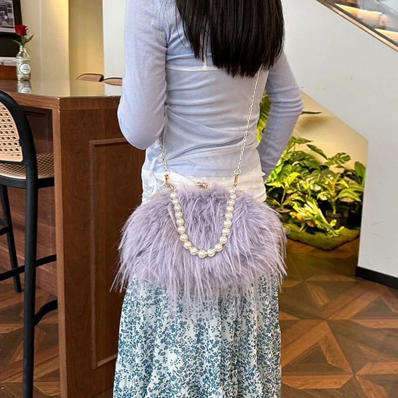Furry Crossbody Bag with Pearl Handle Fashion Chain Plush Shoulder Bags