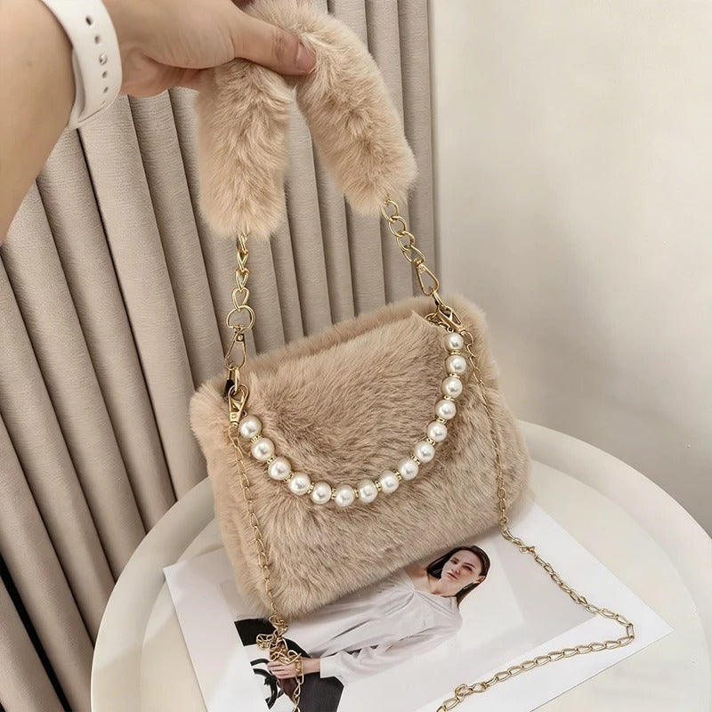 Fashionable Pearl Rabbit Fur Handbag Women's Crossbody Bag Chain