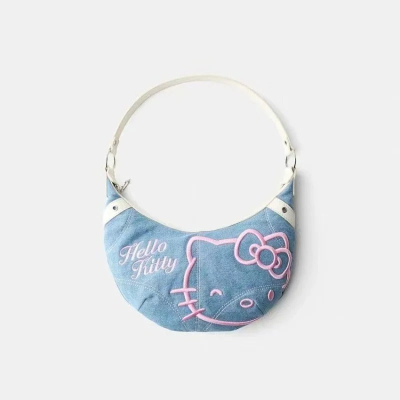 Kawaii Hello Kitty Denim Embroidered Armpit Bag Fashion Crossbody Bag