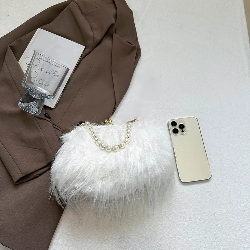 Furry Crossbody Bag with Pearl Handle Fashion Chain Plush Shoulder Bags