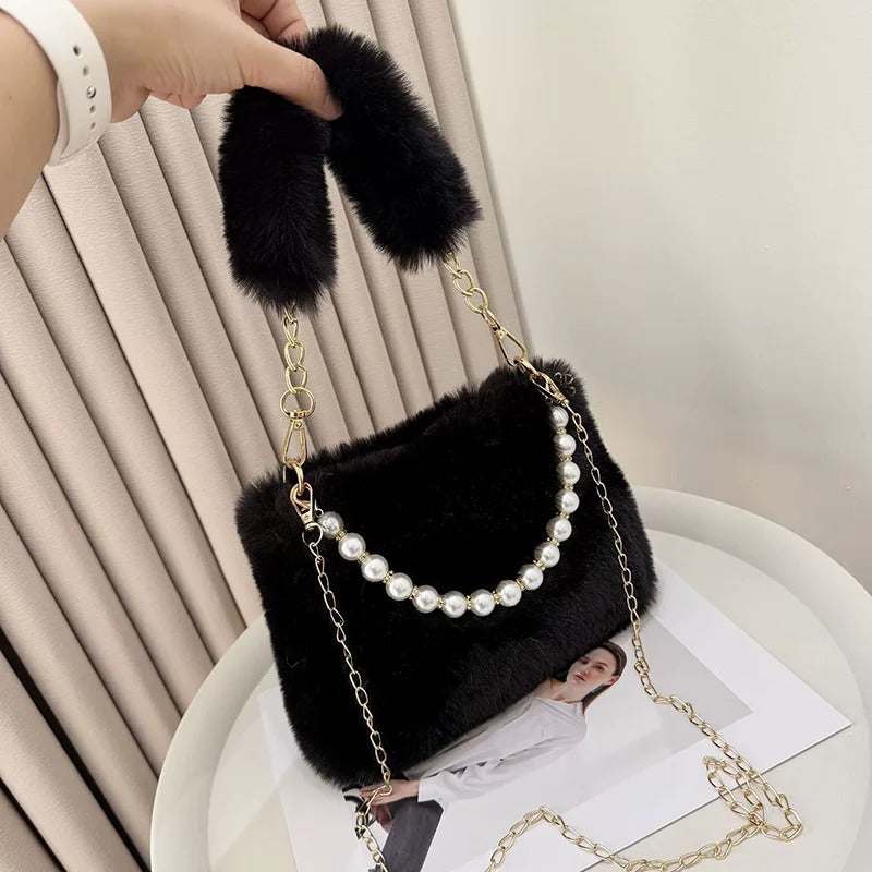 Fashionable Pearl Rabbit Fur Handbag Women's Crossbody Bag Chain