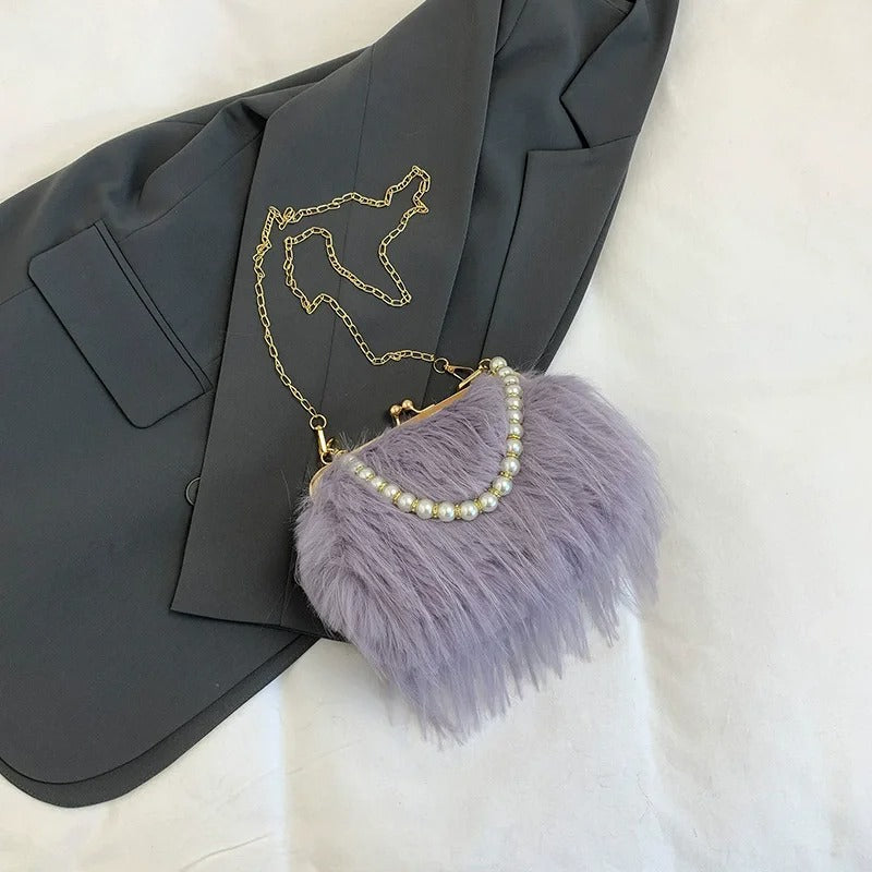 Furry Crossbody Bag with Pearl Handle Fashion Chain Plush Shoulder Bags