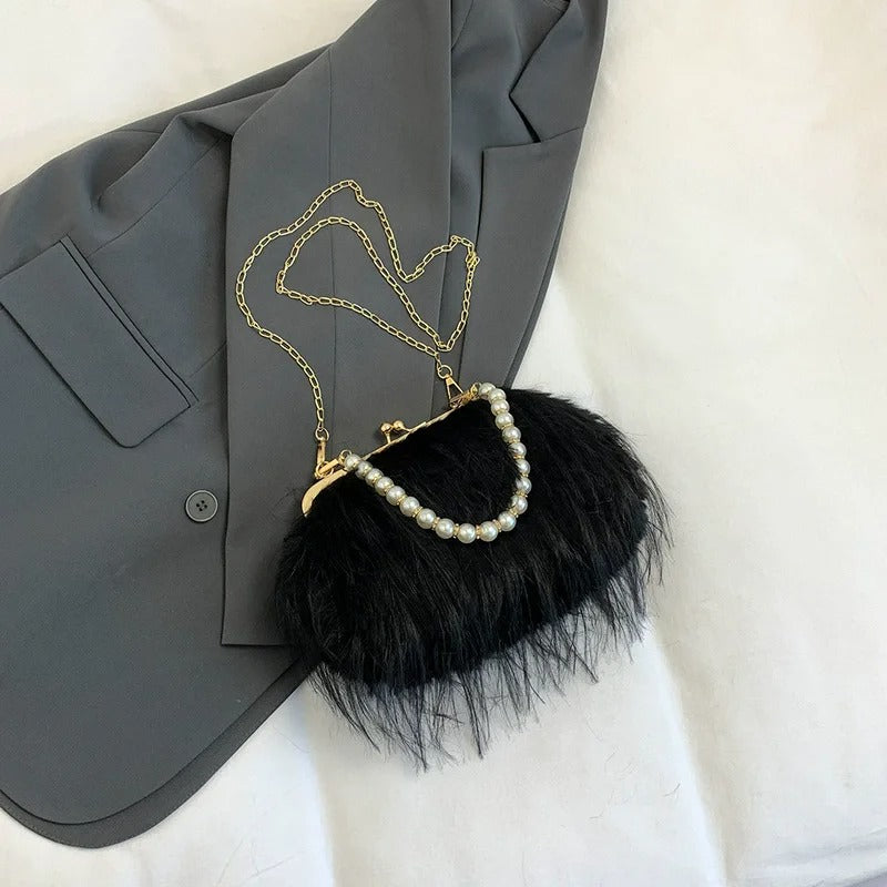 Furry Crossbody Bag with Pearl Handle Fashion Chain Plush Shoulder Bags