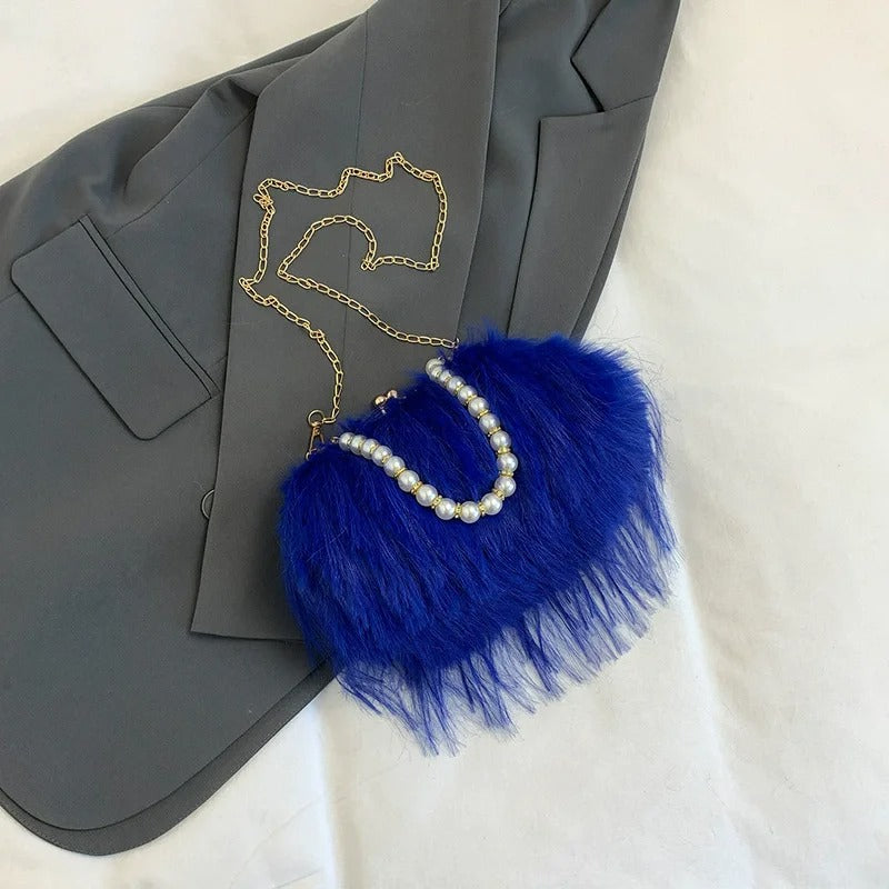 Furry Crossbody Bag with Pearl Handle Fashion Chain Plush Shoulder Bags