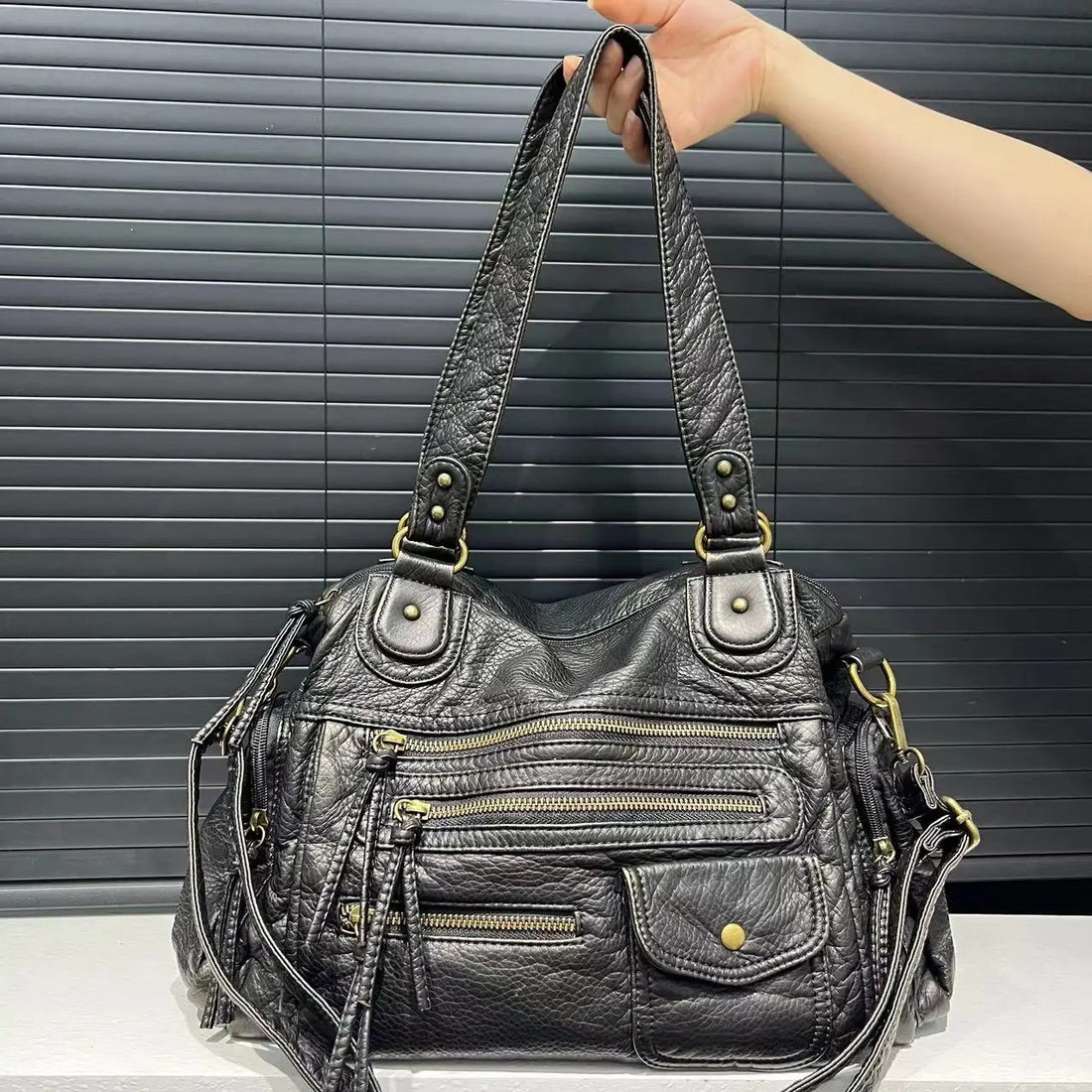 Single Shoulder Crossbody Bag Vintage Washed Leather Motorcycle Bag